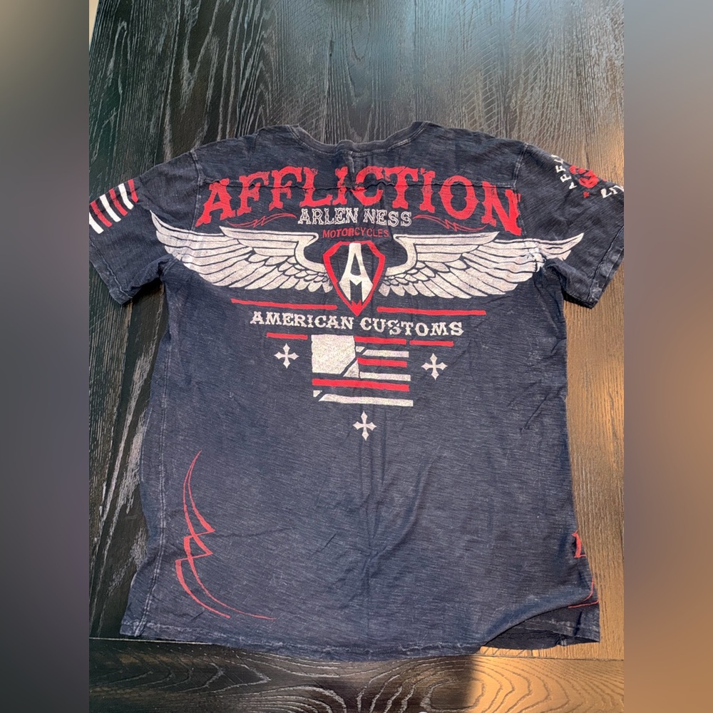 Affliction Navy Tee with Red and White Graphics